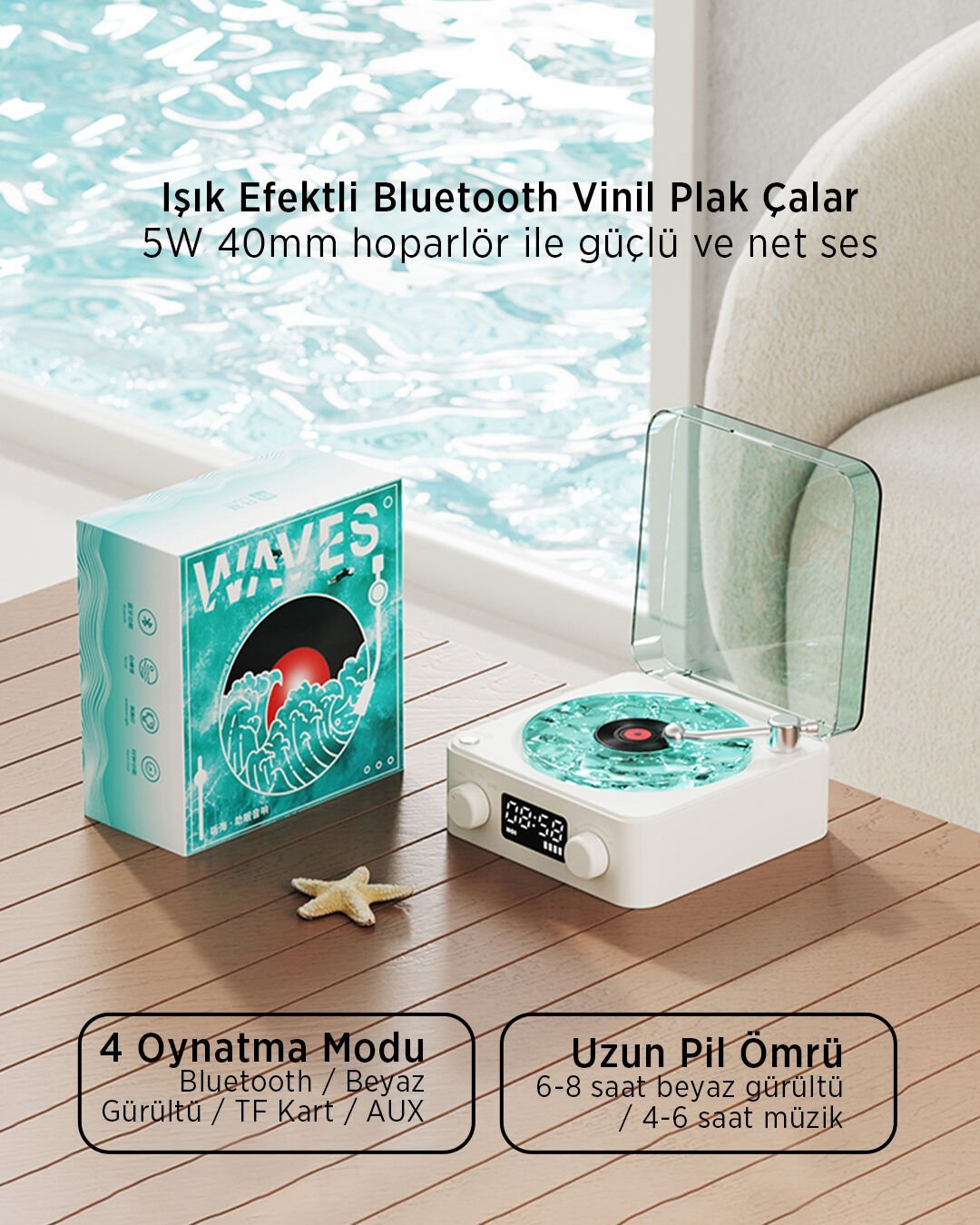 LD-26 Vintage Okyanus Dalgaları Vinil Bluetooth Hoparlör