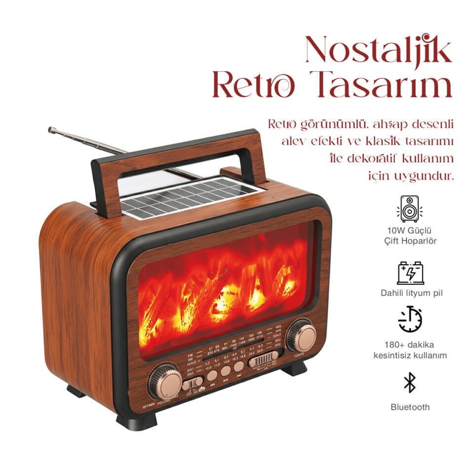 Güneş Enerjili Taşınabilir Çok Fonksiyonlu Nostaljik Speaker