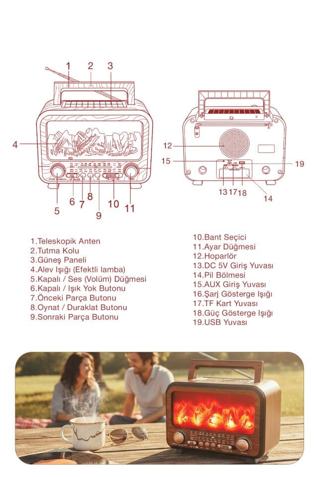 Güneş Enerjili Taşınabilir Çok Fonksiyonlu Nostaljik Speaker