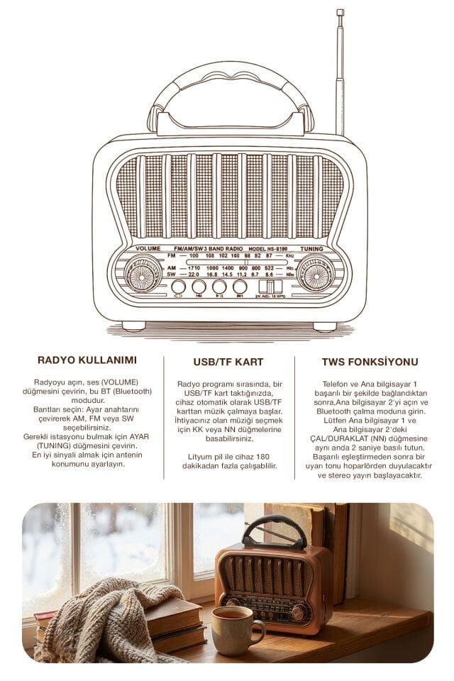 Taşınabilir FM/AM/SW Bluetooth Nostaljik Speaker