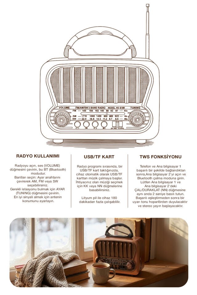 Taşınabilir FM/AM/SW Bluetooth Nostaljik Speaker