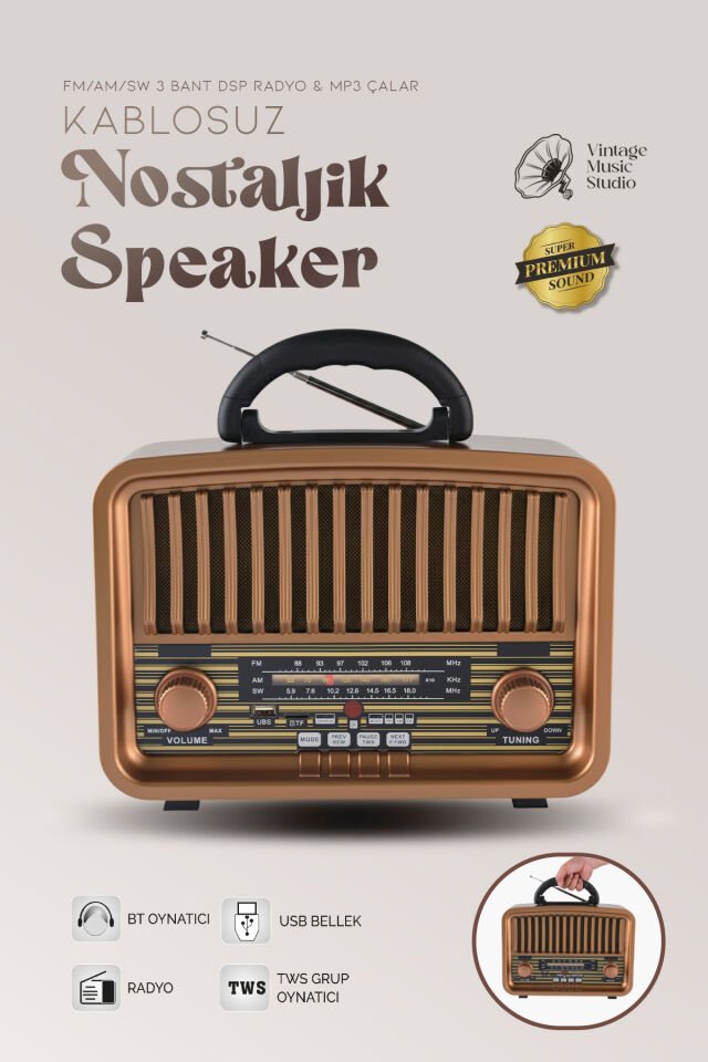 Taşınabilir FM/AM/SW Bluetooth Nostaljik Speaker