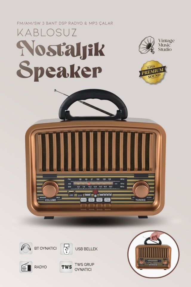 Taşınabilir FM/AM/SW Bluetooth Nostaljik Speaker
