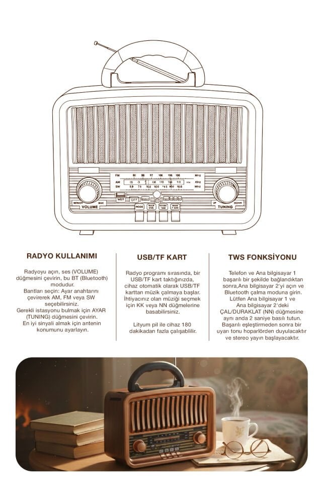 Taşınabilir FM/AM/SW Bluetooth Nostaljik Speaker