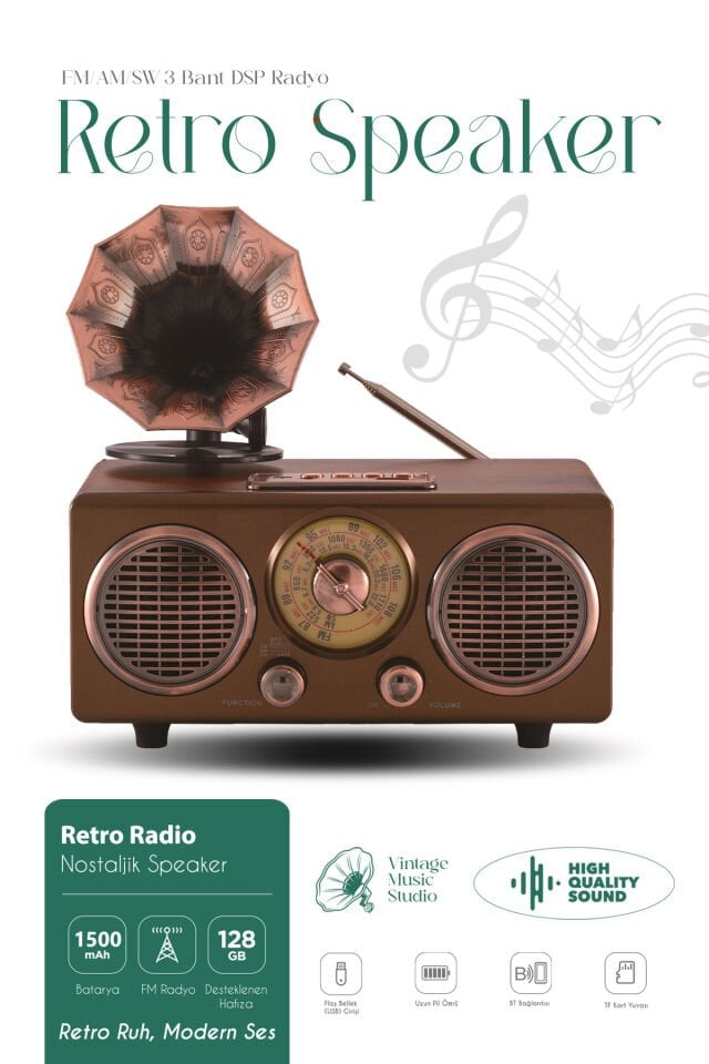 Gramofon Görünümlü Bluetooth Nostaljik Speaker