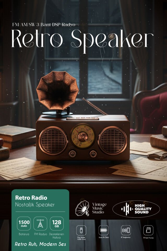 Gramofon Görünümlü Bluetooth Nostaljik Speaker