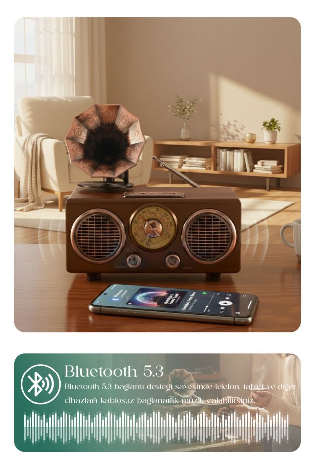 Gramofon Görünümlü Bluetooth Nostaljik Speaker