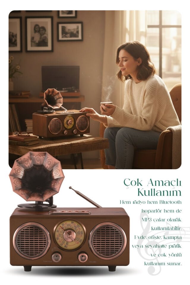 Gramofon Görünümlü Bluetooth Nostaljik Speaker