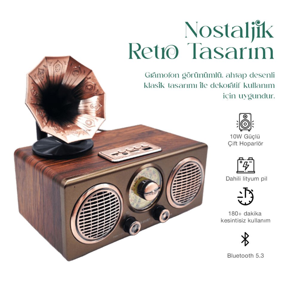 Gramofon Görünümlü Bluetooth Nostaljik Speaker