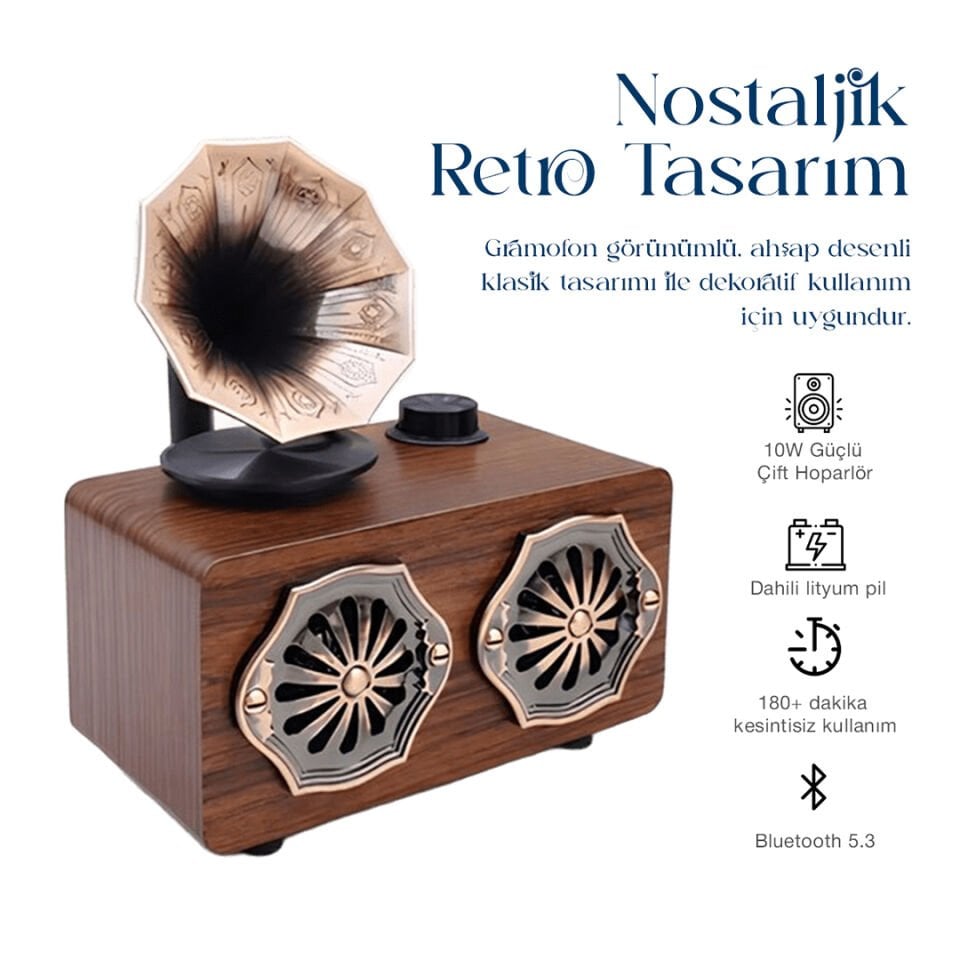 Gramofon Görünümlü Bluetooth Nostaljik Speaker