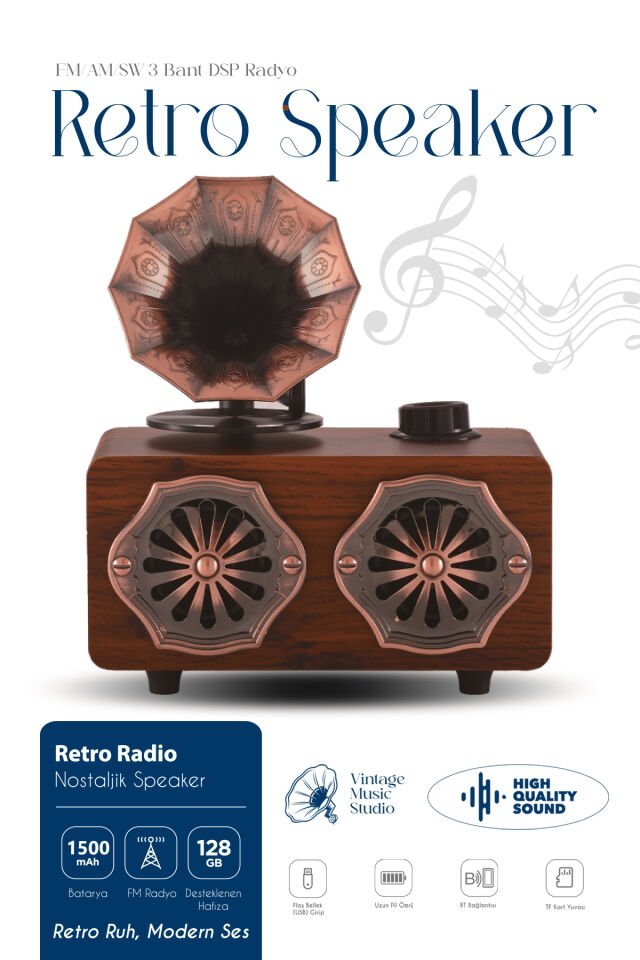 Gramofon Görünümlü Bluetooth Nostaljik Speaker