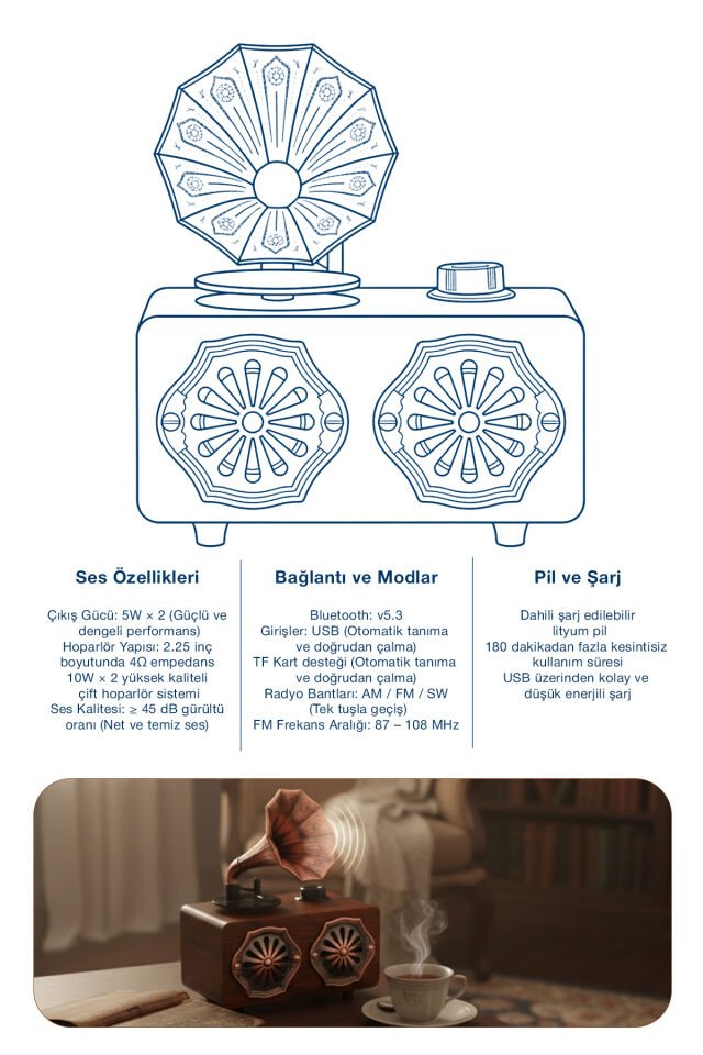 Gramofon Görünümlü Bluetooth Nostaljik Speaker