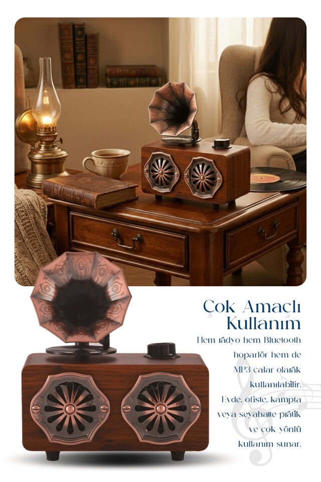 Gramofon Görünümlü Bluetooth Nostaljik Speaker