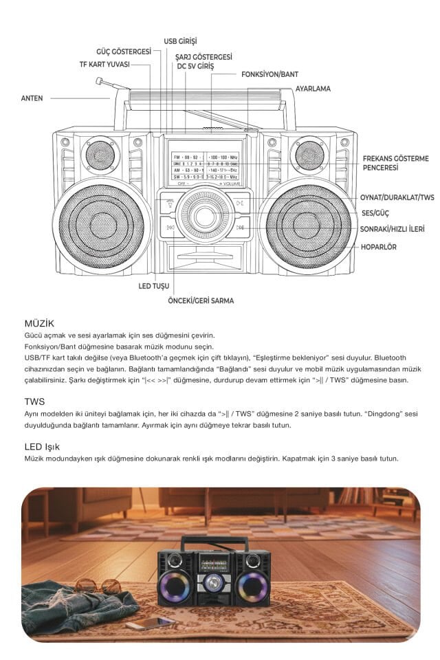 Dinamik Renkli Aydınlatmalı Nostaljik Speaker