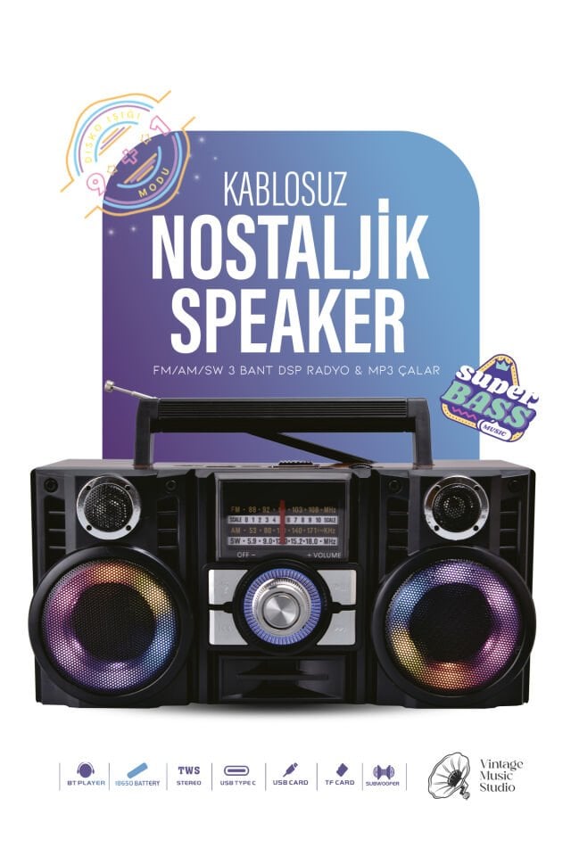 Dinamik Renkli Aydınlatmalı Nostaljik Speaker