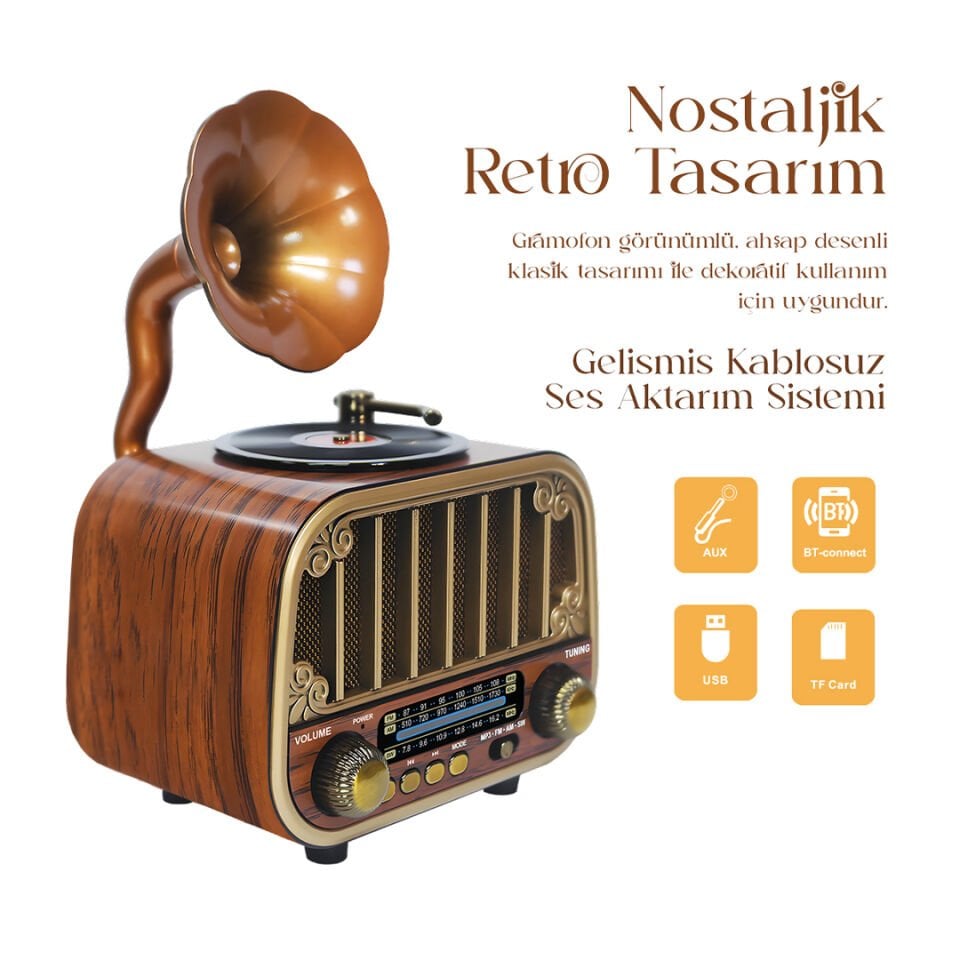 Gramofon Görünümlü Bluetooth Nostaljik Speaker
