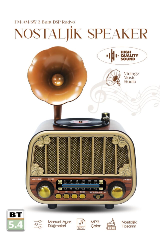 Gramofon Görünümlü Bluetooth Nostaljik Speaker