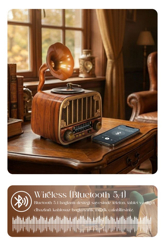 Gramofon Görünümlü Bluetooth Nostaljik Speaker