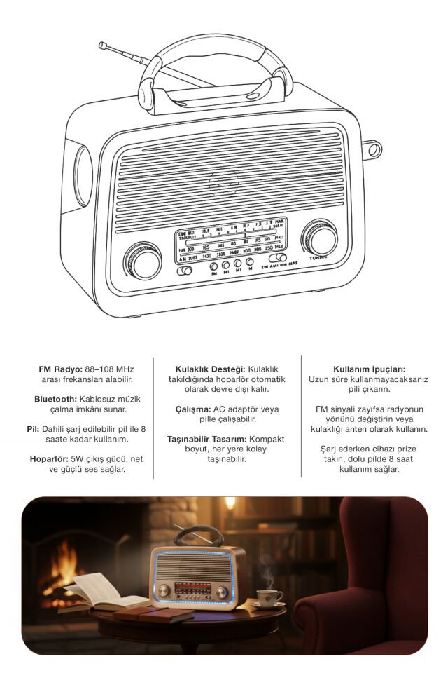 Taşınabilir FM/AM/SW Bluetooth Nostaljik Speaker