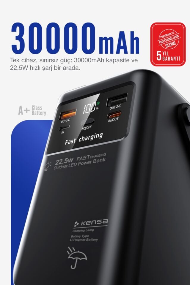 30.000 mAh Outdoor Işıklı Hızlı Şarj Powerbank