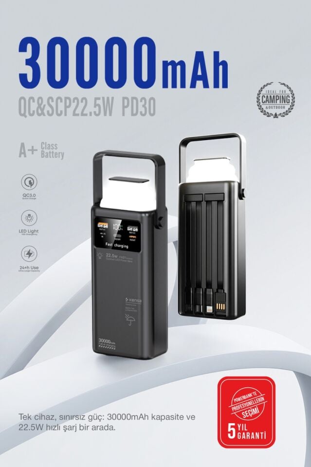 30.000 mAh Outdoor Işıklı Hızlı Şarj Powerbank