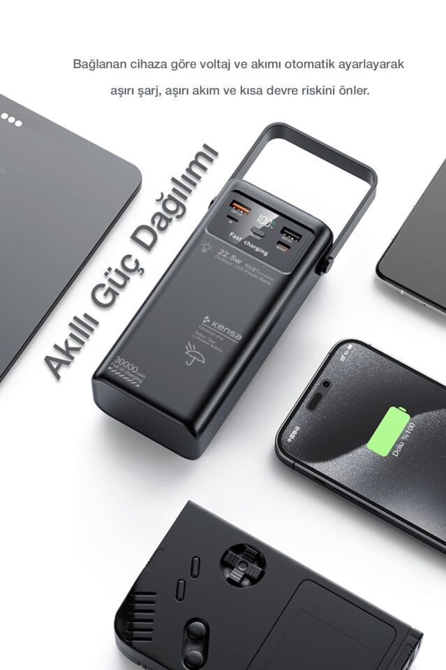 30.000 mAh Outdoor Işıklı Hızlı Şarj Powerbank