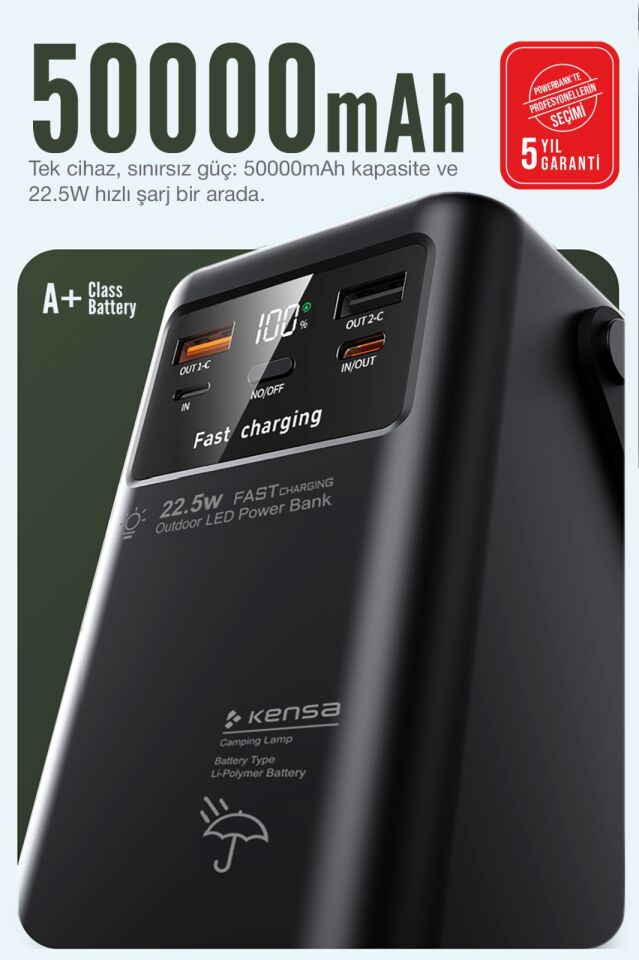 50.000 mAh Outdoor Işıklı Hızlı Şarj Powerbank