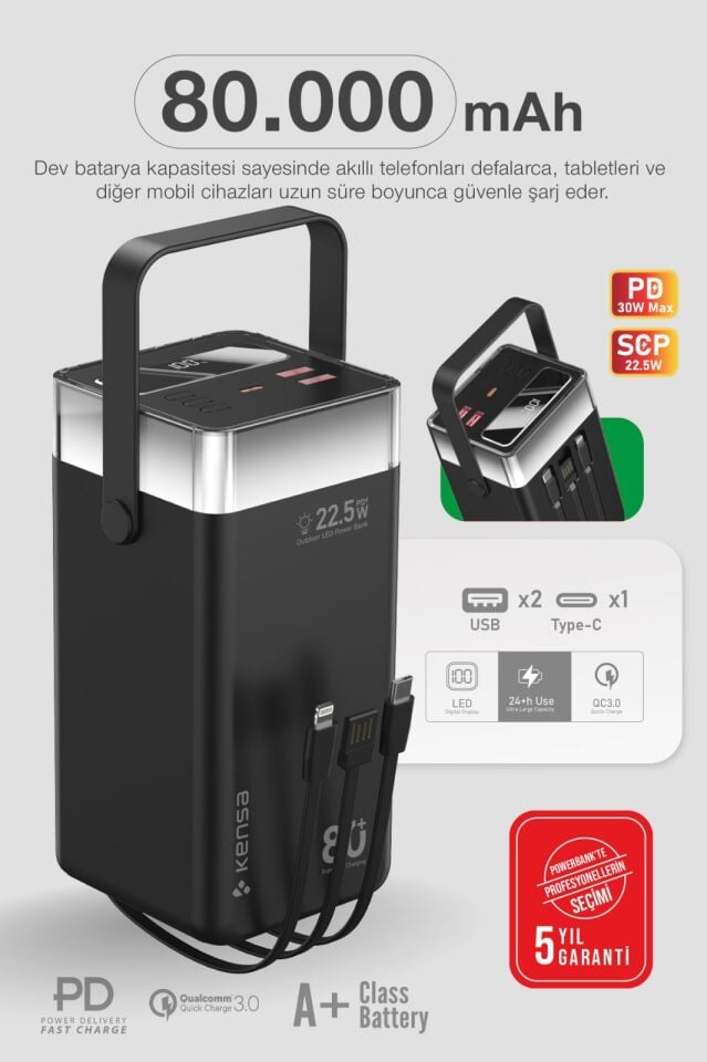 80.000 mAh Süper Kapasiteli LED Işıklı Powerbank